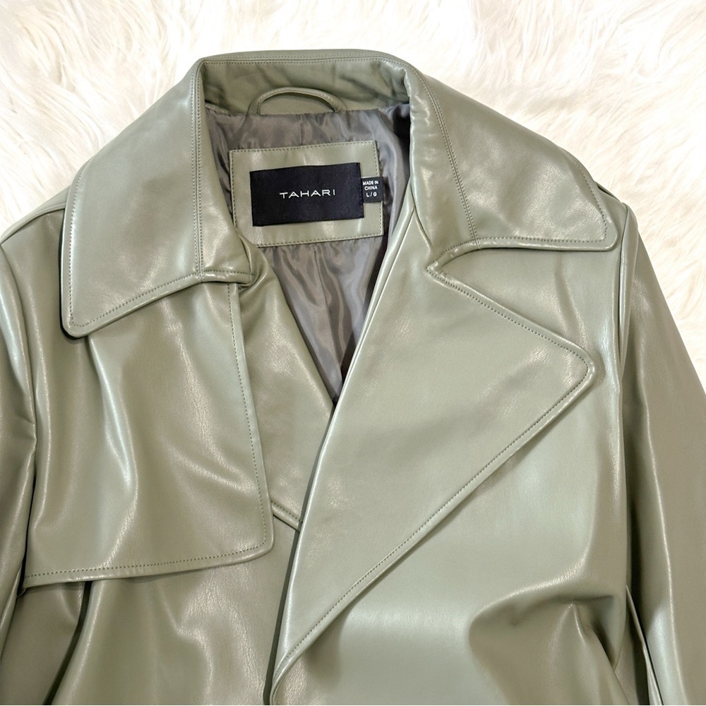 Elie Tahari Sage Green Vegan Leather Belted Trench Coat Large - Picture 8 of 10